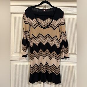 Calypso St. Barth Chevron Knit Sweater Dress, Black, Tan, X-Small